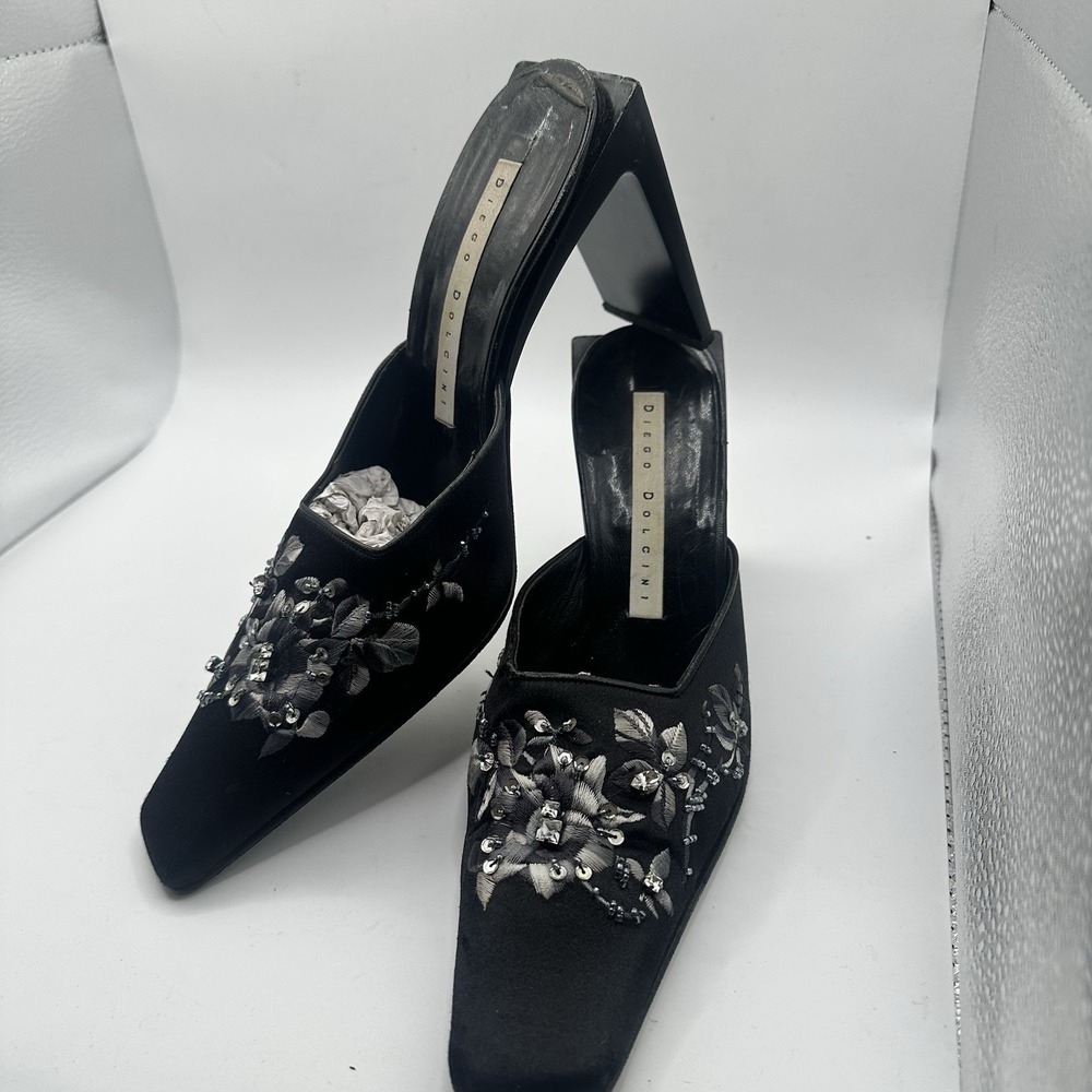 Diego Dolcini Square Toe Black Satin Embellished Designer Mule Heels 38 US 8